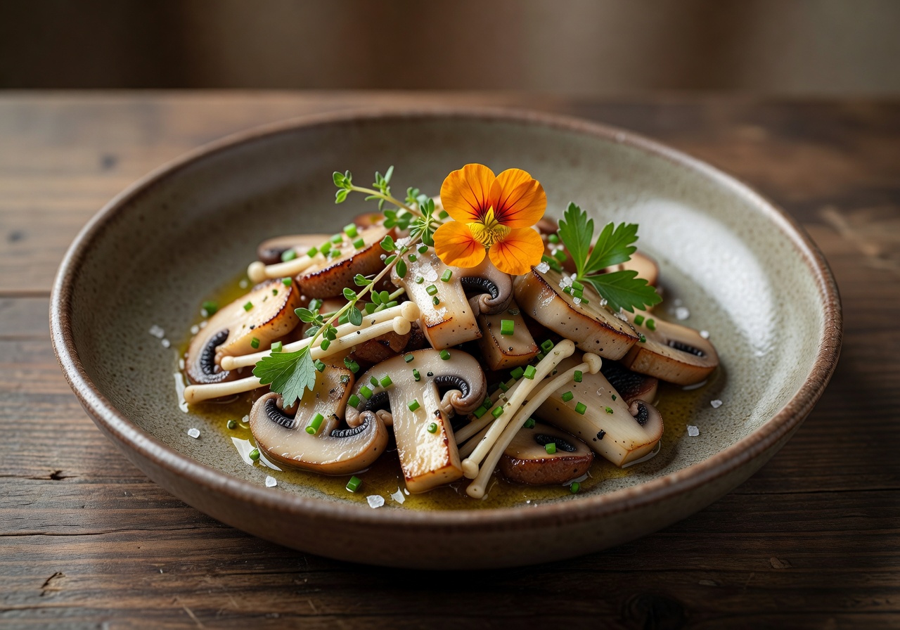 Beautifully plated mushroom dish with fresh herbs and garnish