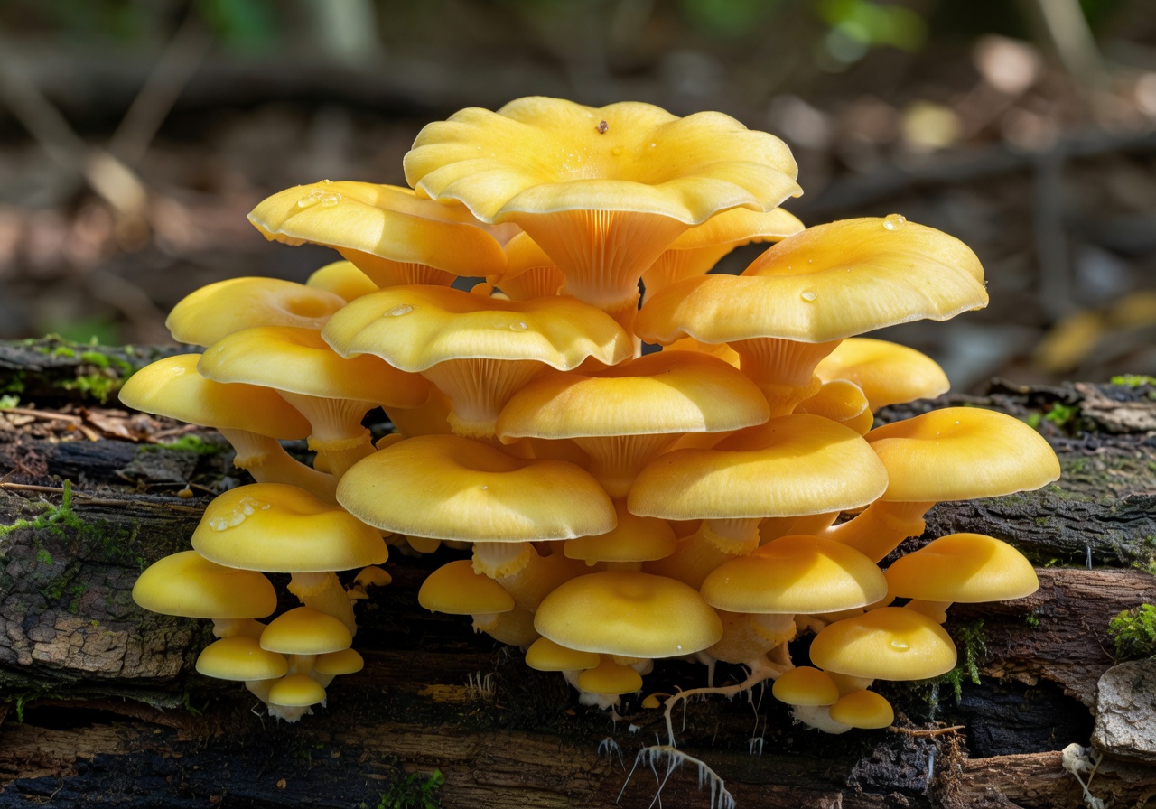 Bright golden oyster mushrooms growing in cluster