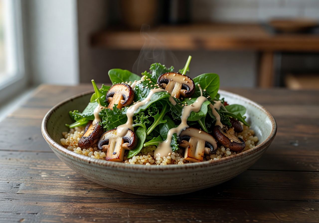 Buddha bowl with roasted mushrooms greens and tahini dressing