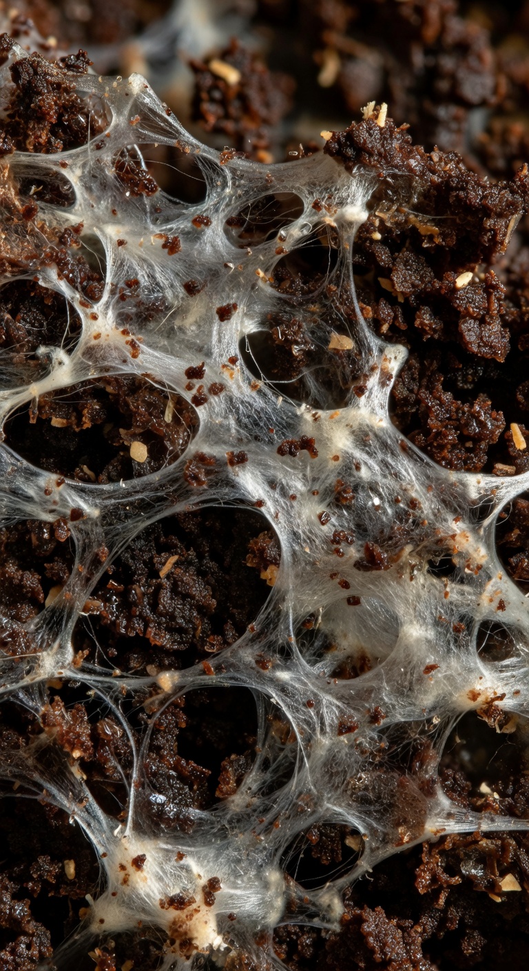 Close-up of mushroom mycelium growing on recycled coffee grounds substrate