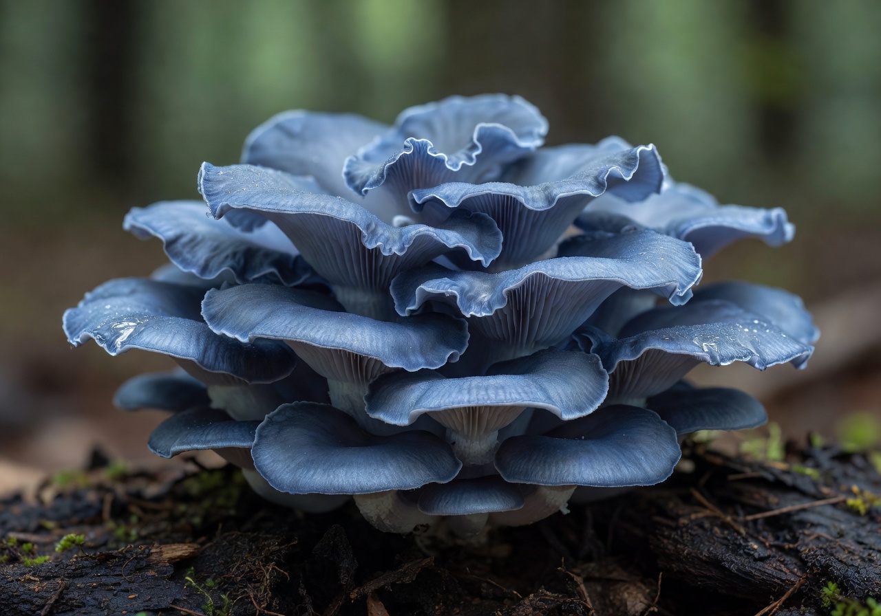 Cluster of fresh blue oyster mushrooms with delicate ruffled caps in soft blue-grey tones