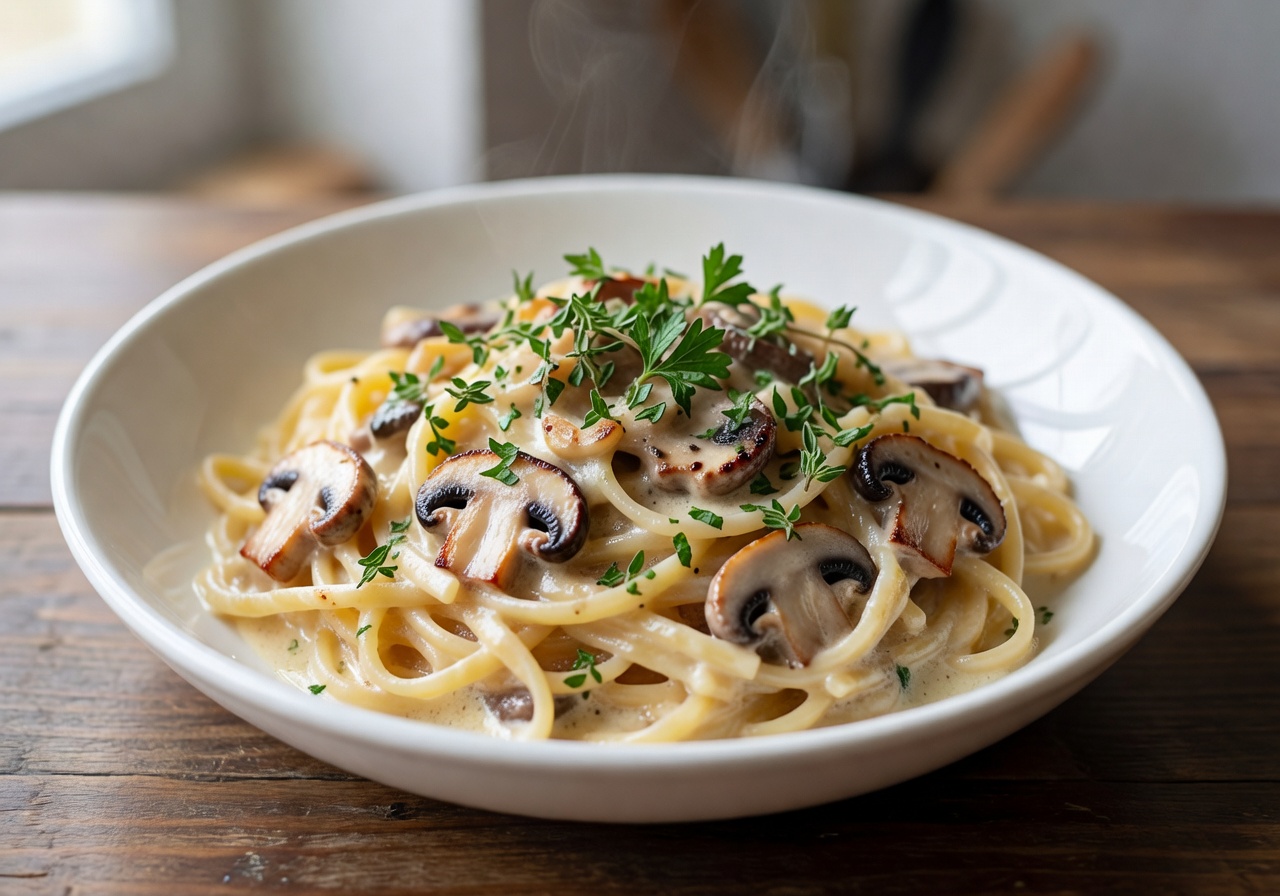 Creamy garlic mushroom pasta topped with fresh herbs in a white ceramic bowl