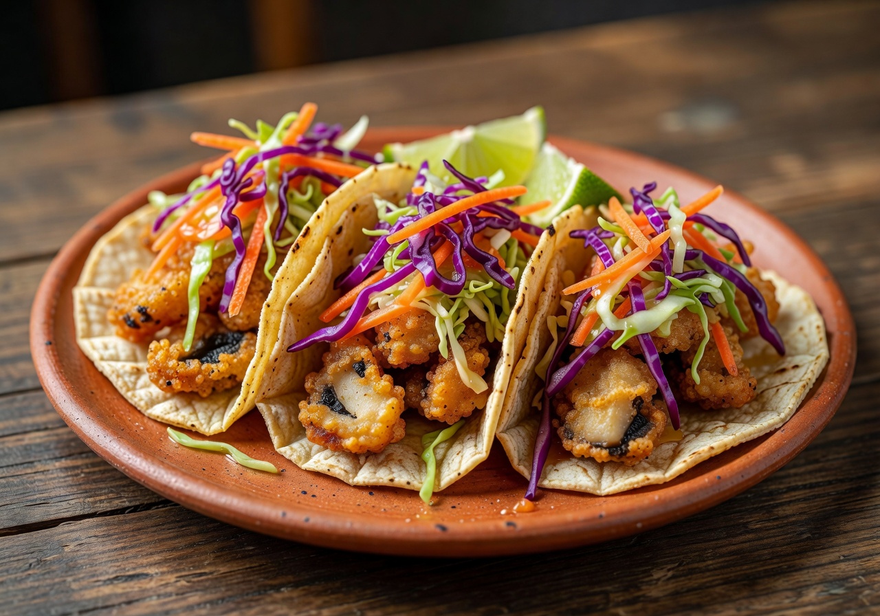 Crispy mushroom tacos with colorful slaw and lime