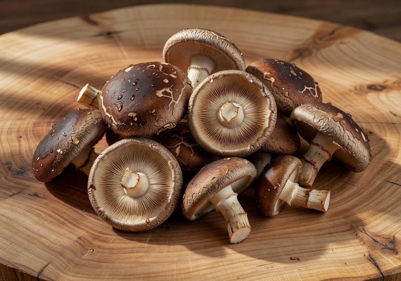 Fresh shiitake mushrooms with rich brown caps arranged on a natural wood surface