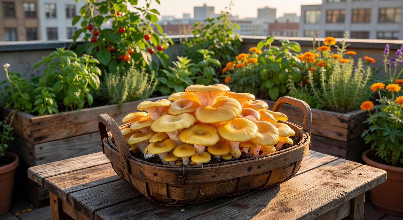 Freshly harvested golden oyster mushrooms in a wooden basket on a rooftop garden