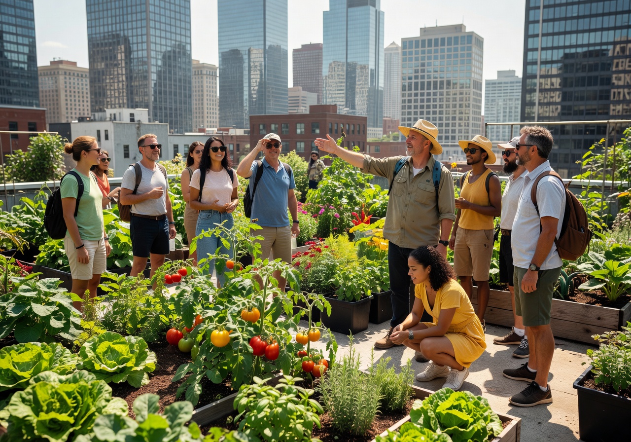 Group of visitors touring urban rooftop farm on a sunny day