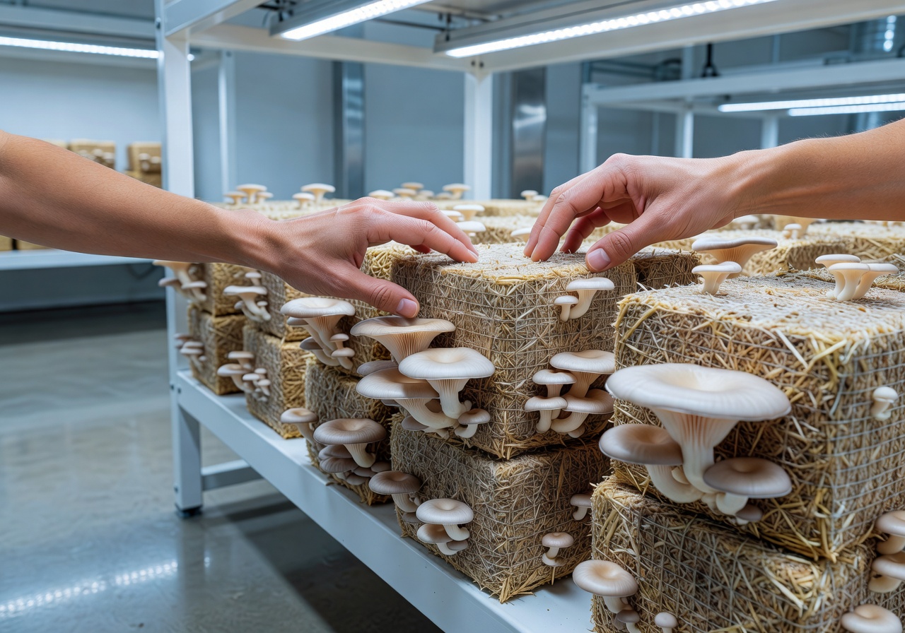 Hands carefully tending to mushroom growing blocks in a clean urban farming environment