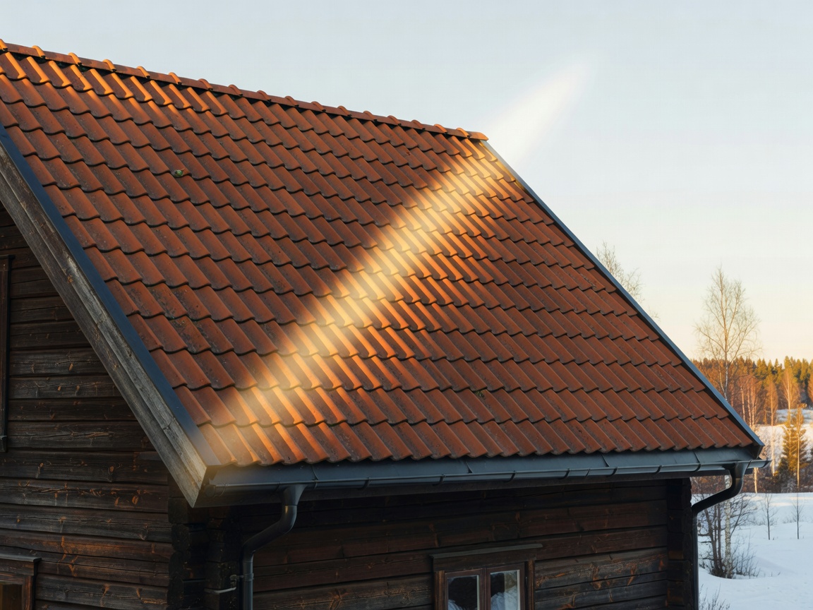 Pohjoismainen asuintalo ja auringonvalo katolla