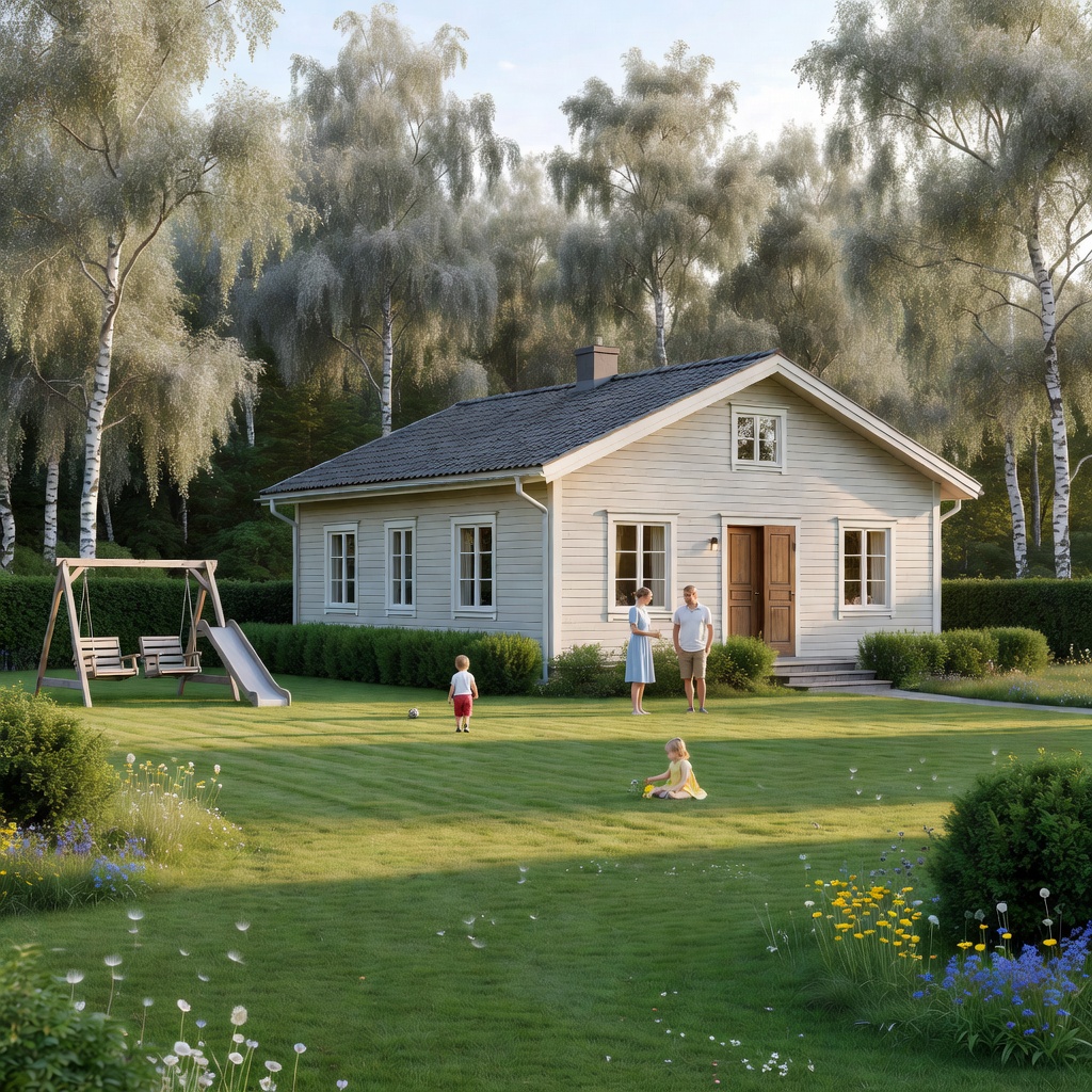 Suomalainen omakotitalo ja rauhallinen piha kesällä