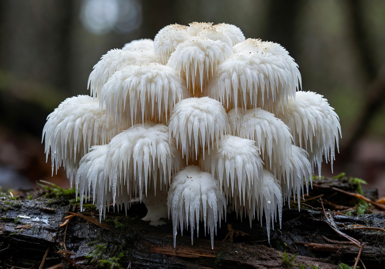 Large white lion's mane mushroom with cascading icicle-like spines growing on substrate