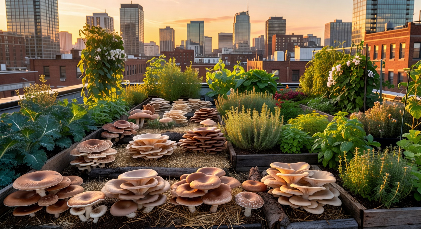 Lush rooftop urban farm with growing mushrooms against city skyline at golden hour