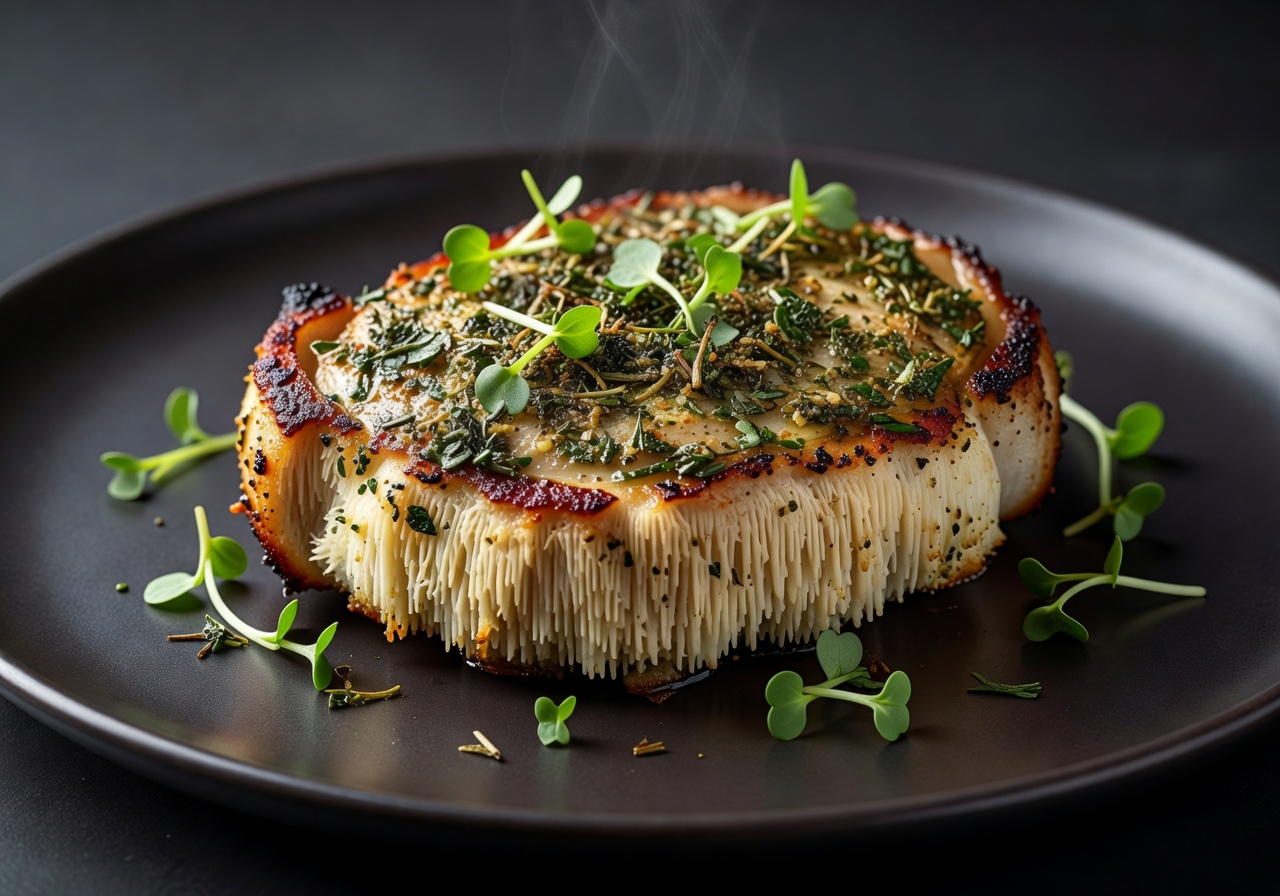 Pan-seared lion's mane mushroom steak with herb crust on a dark plate with microgreens
