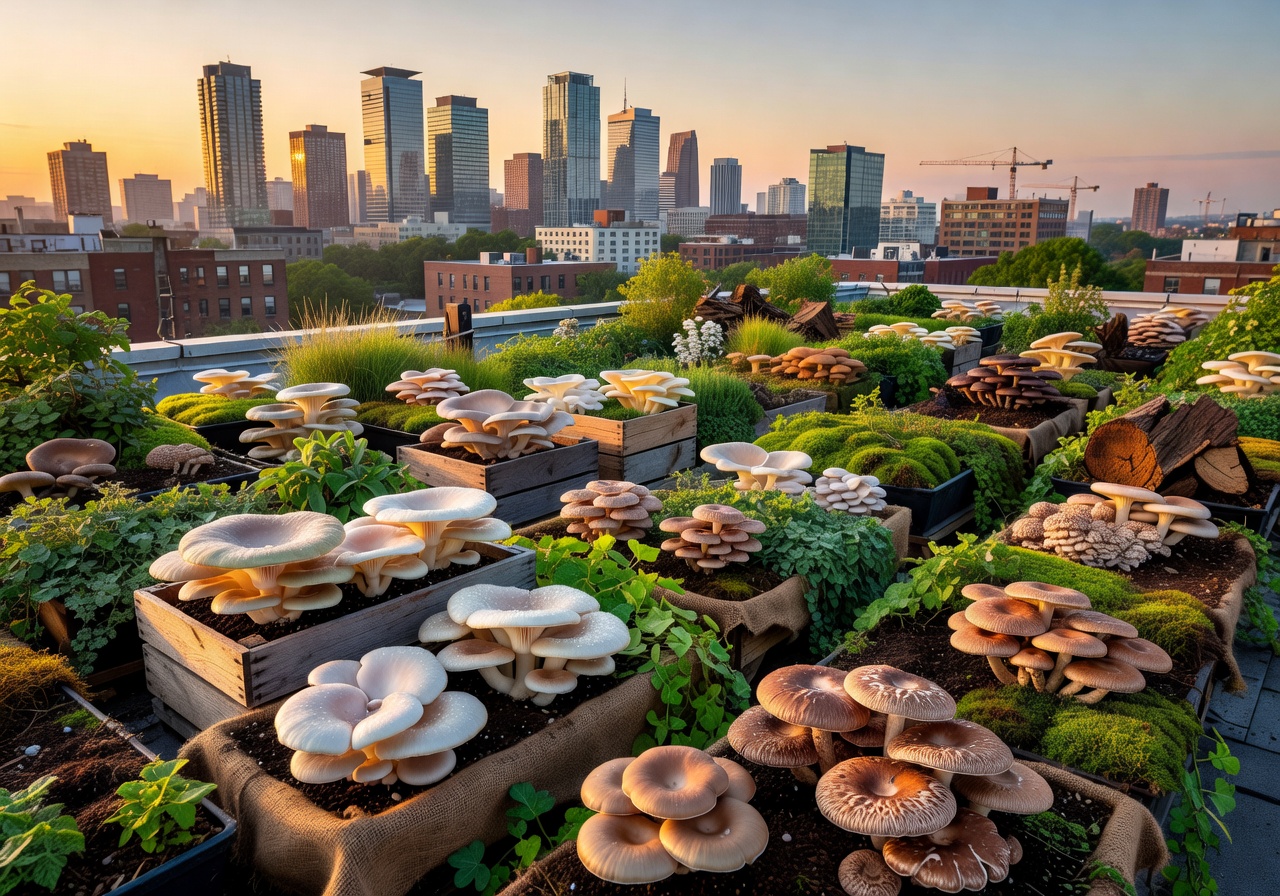 Panoramic view of urban rooftop farm with lush green mushroom growing areas and city skyline