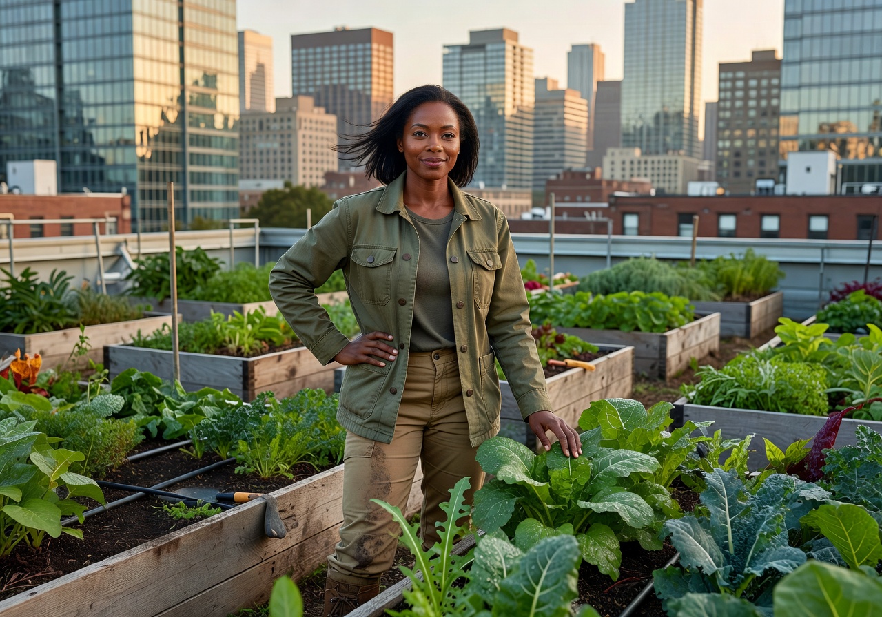 Portrait of Amara Diallo, head of operations, at a rooftop farm