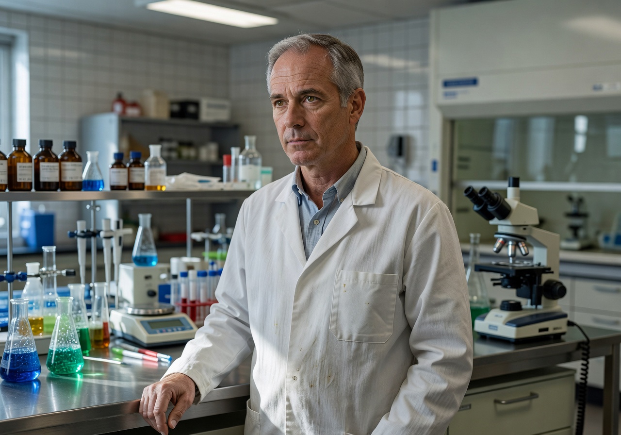 Portrait of Dr. James Whitfield, co-founder, in a lab setting