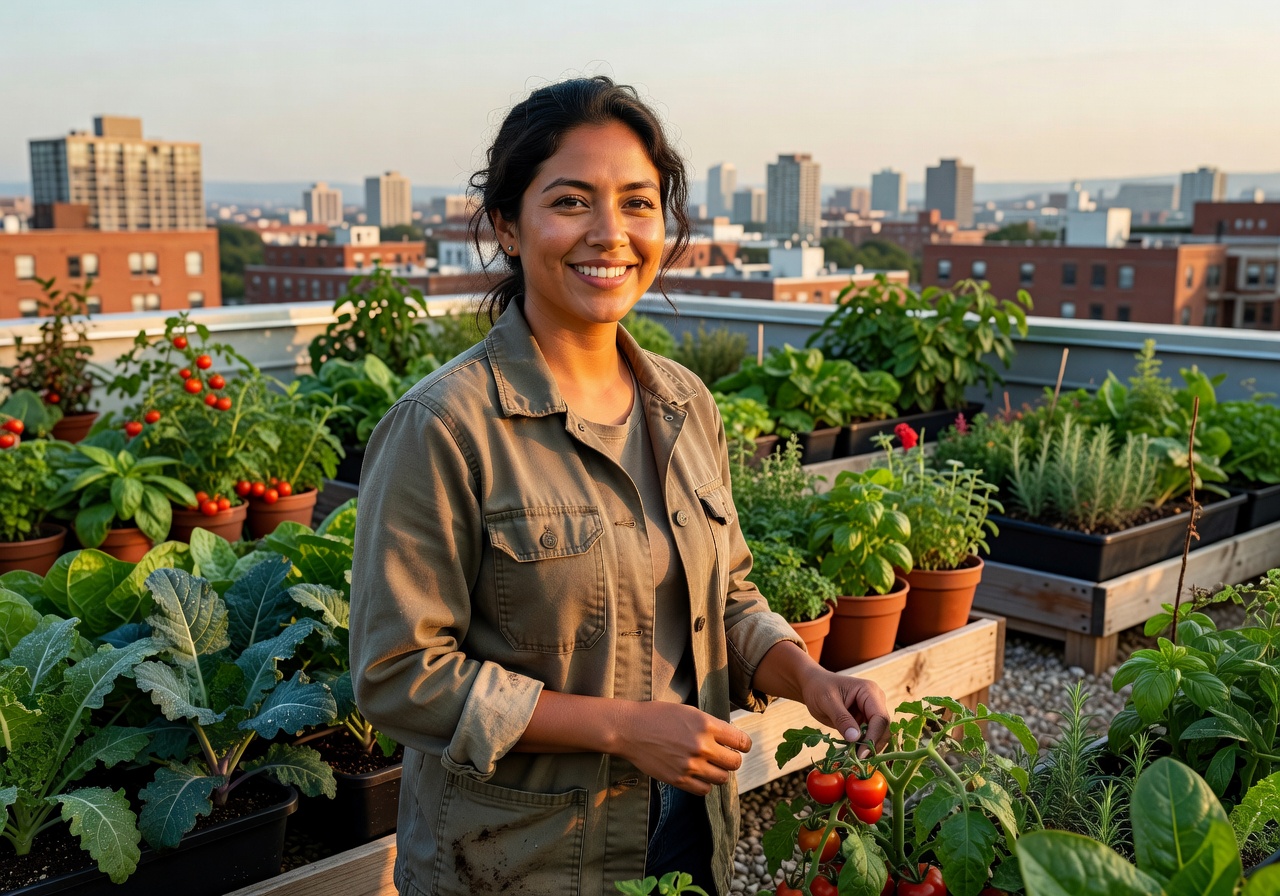 Portrait of Maya Torres, co-founder, smiling on a rooftop farm