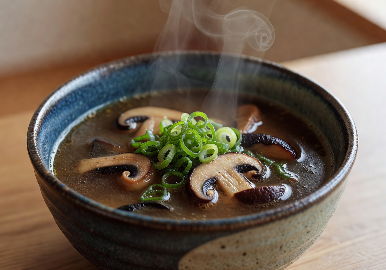 Rich and savory mushroom miso soup in a Japanese ceramic bowl with green onion garnish