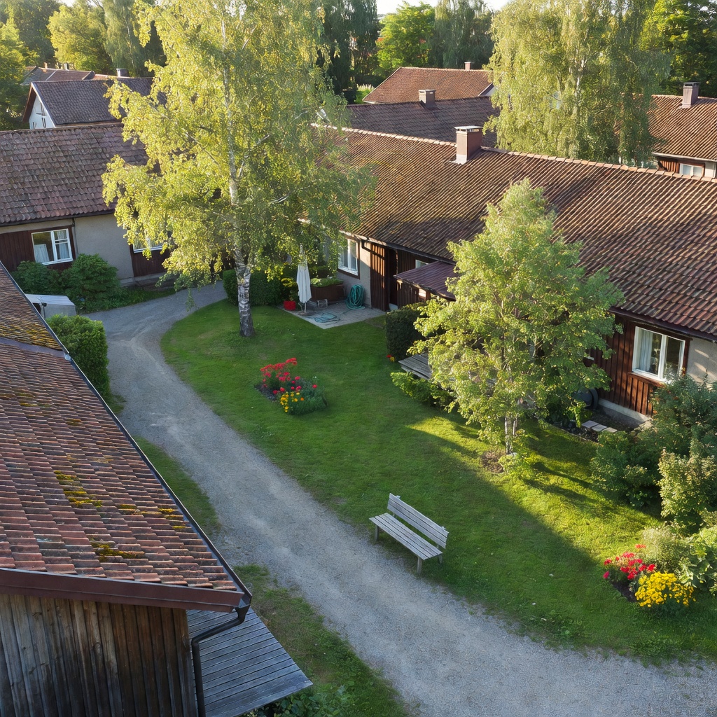 Rivitaloyhtiön piha ja katot kesällä