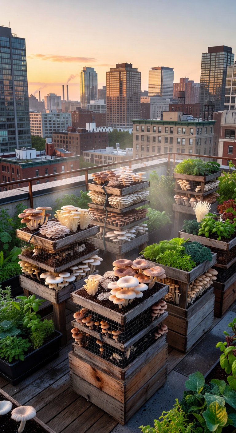 Urban rooftop garden with mushroom growing stations overlooking city buildings at sunrise