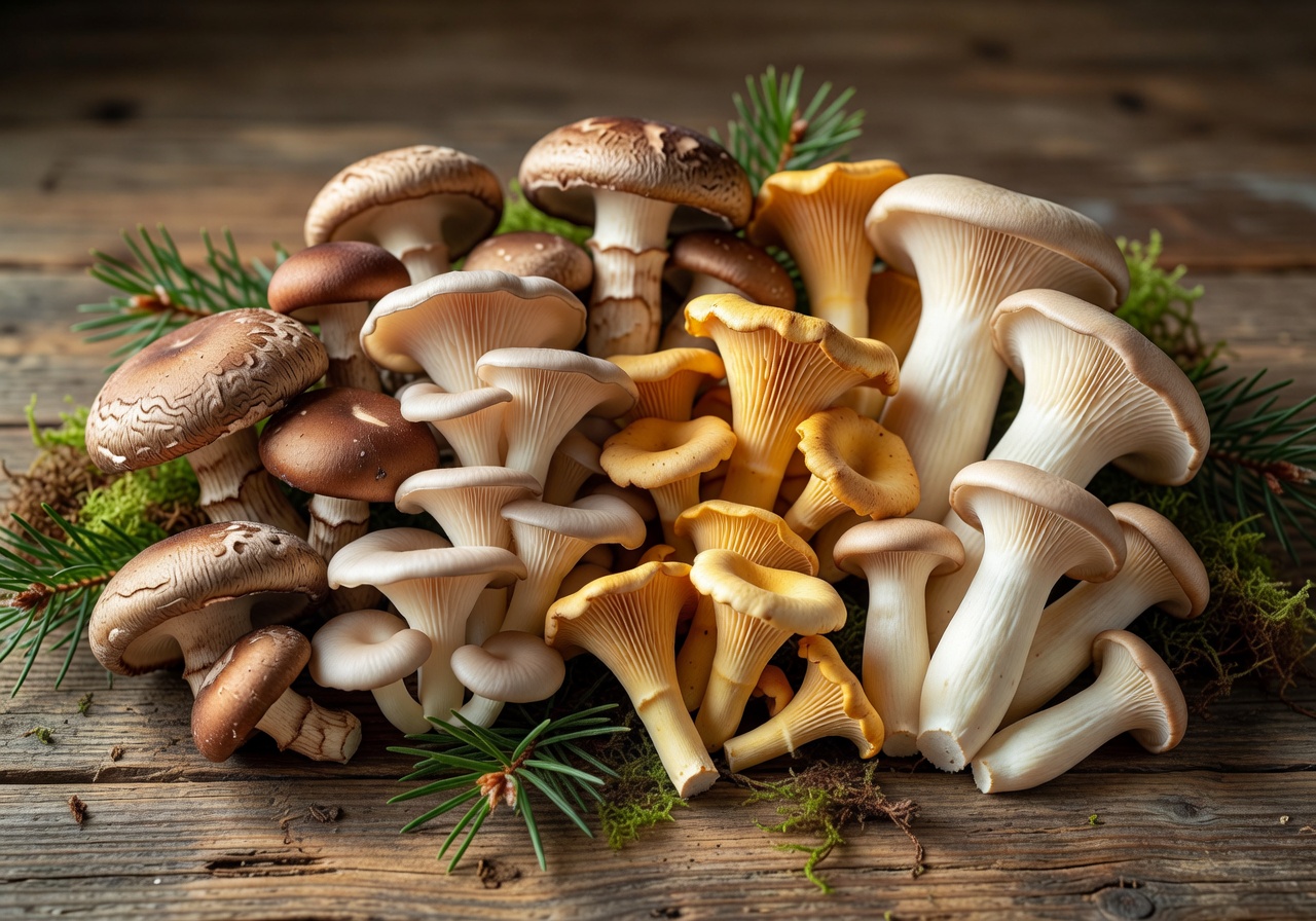 Variety of fresh gourmet mushrooms arranged artfully on a rustic wooden surface