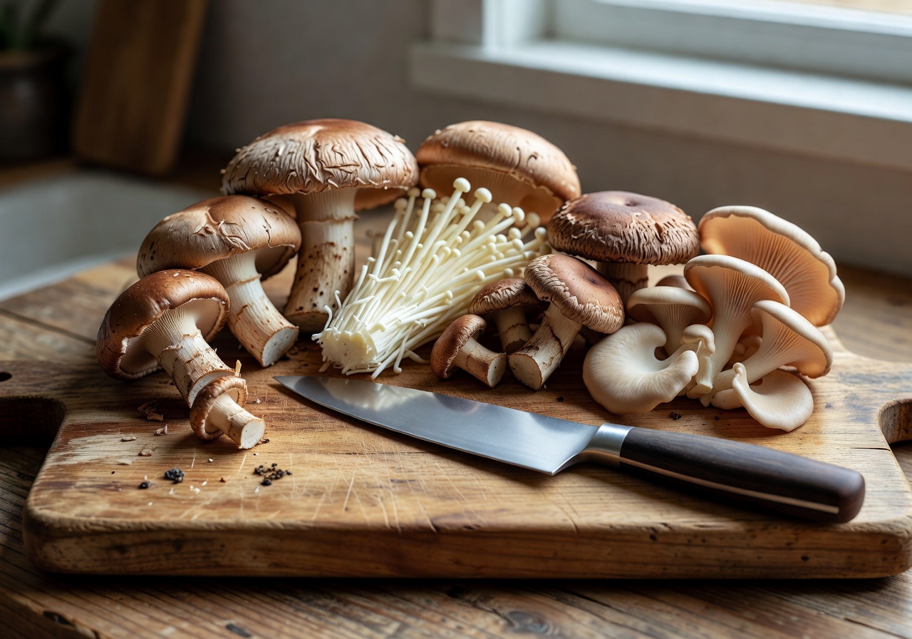 Various mushroom varieties arranged on a wooden cutting board with a kitchen knife