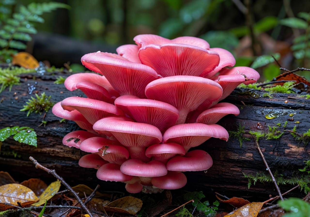Vibrant pink oyster mushrooms with fan-shaped caps growing in a cluster