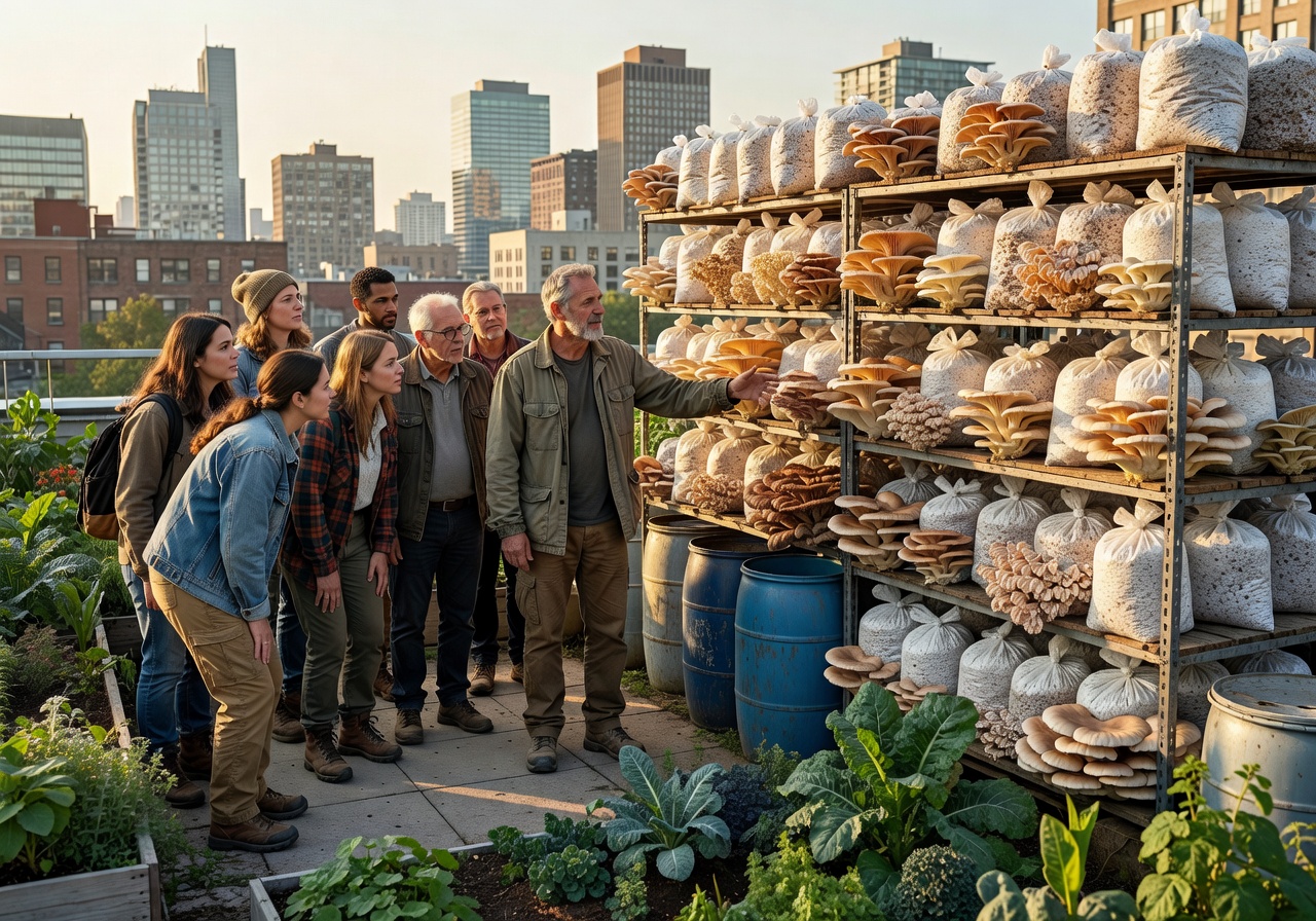 Visitors touring urban rooftop farm with guide explaining mushroom cultivation process